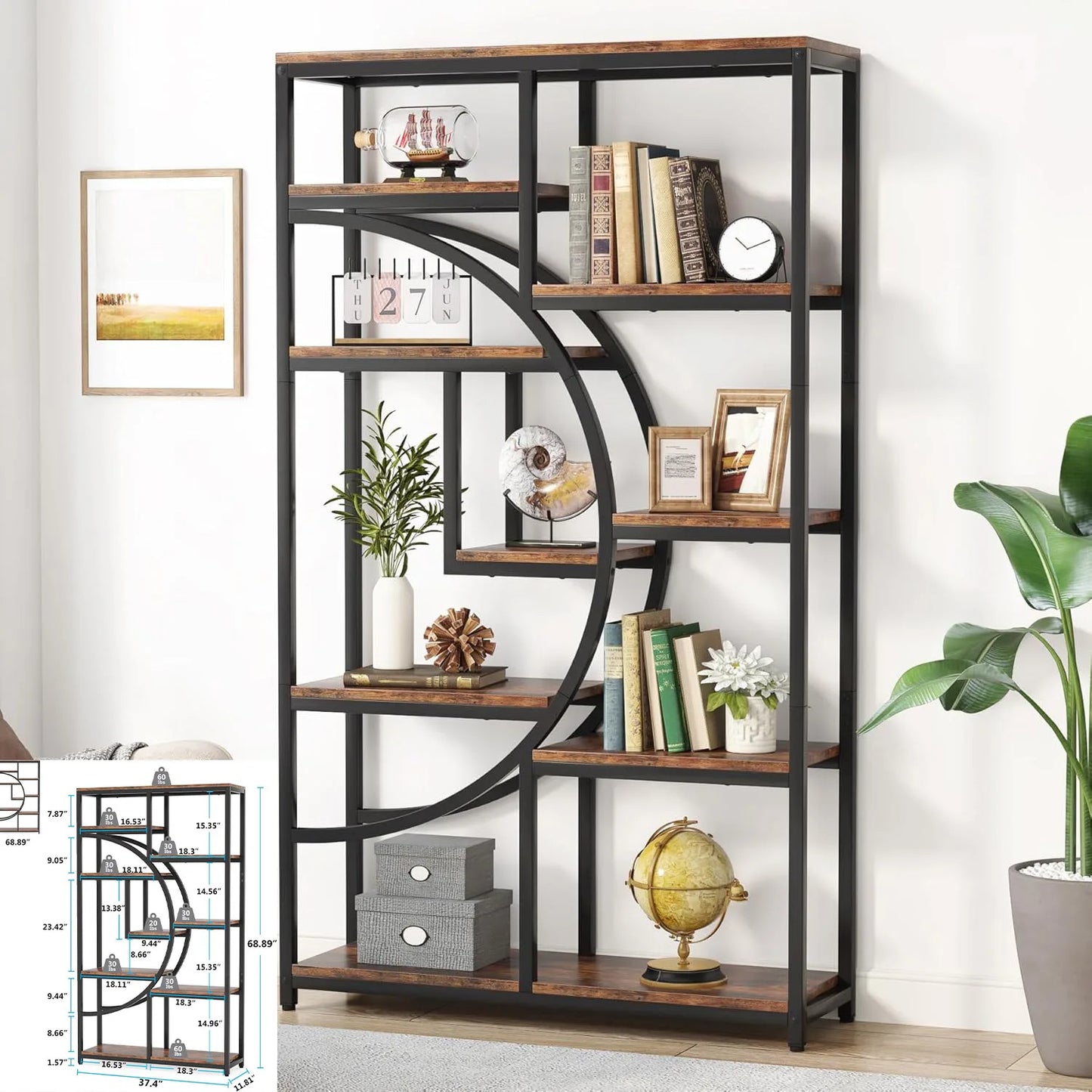 Bookshelf, Industrial 5-Tier Etagere Bookcase