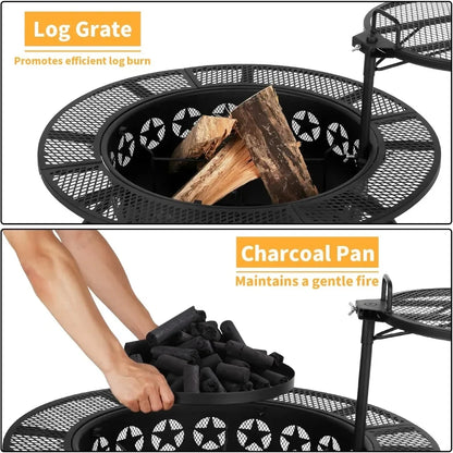 35" Fire Pit With 2 Cooking Grate & Charcoal Pan