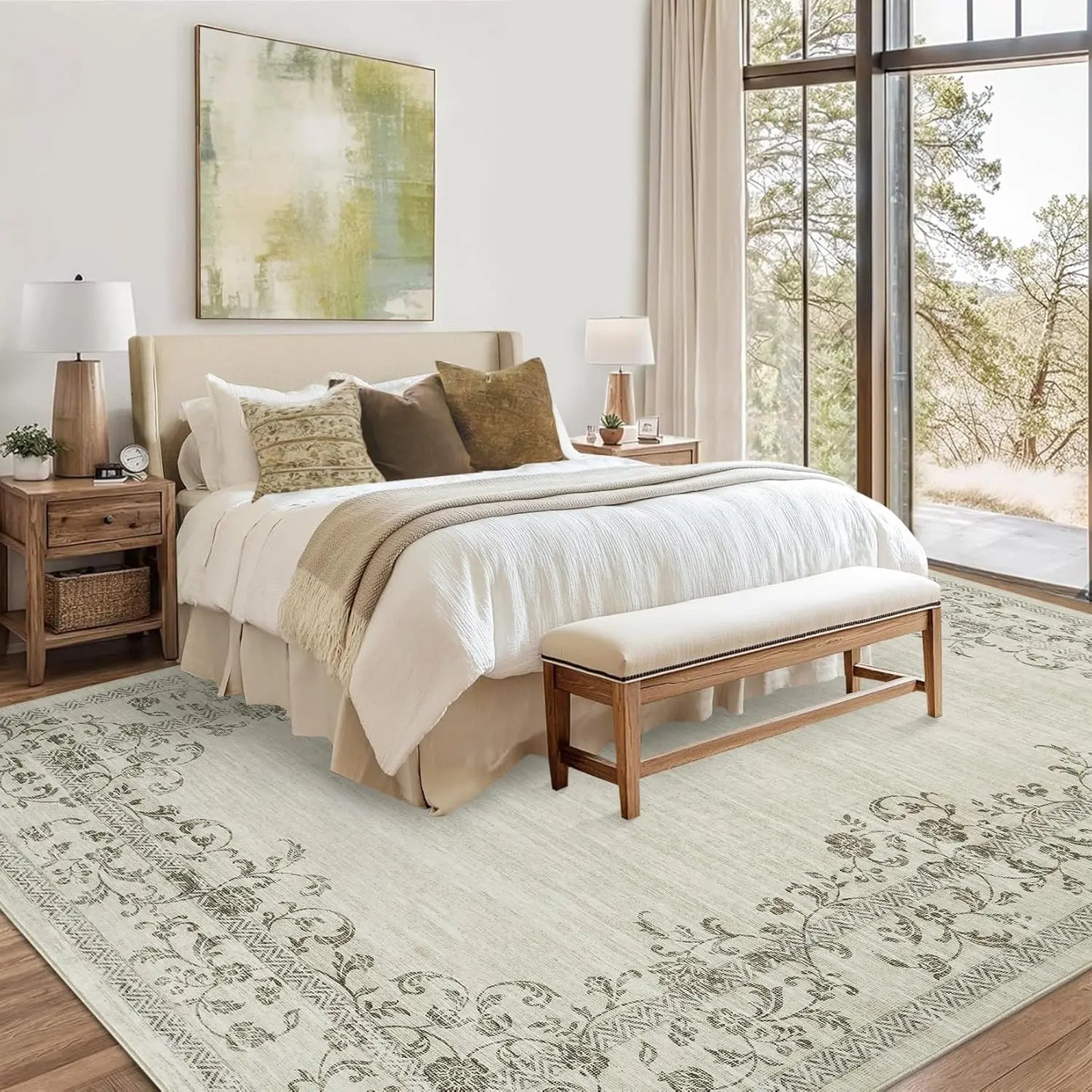 Floral Bordered Large Area Rug