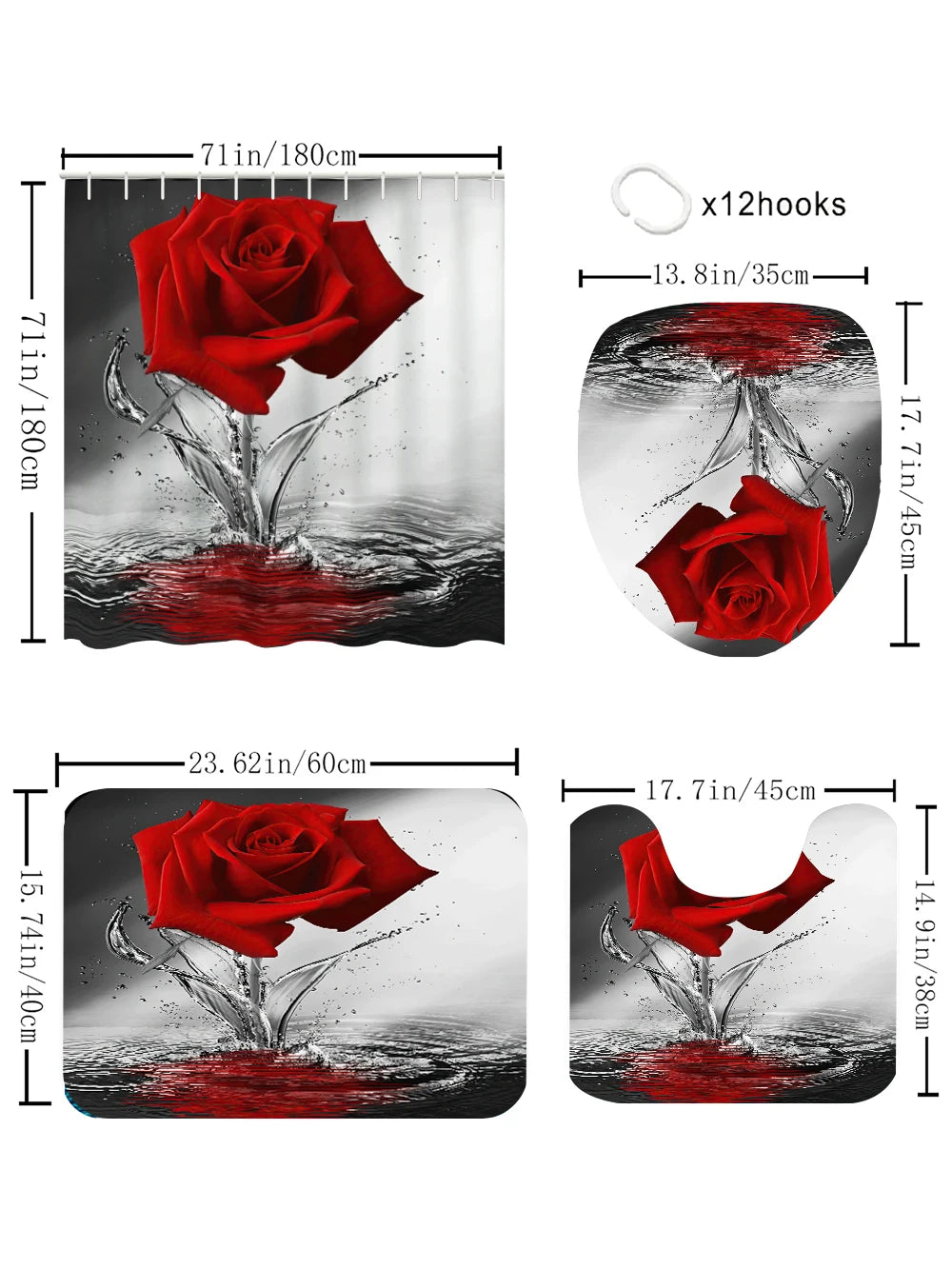 Red Rose Four-piece Shower Curtain Set