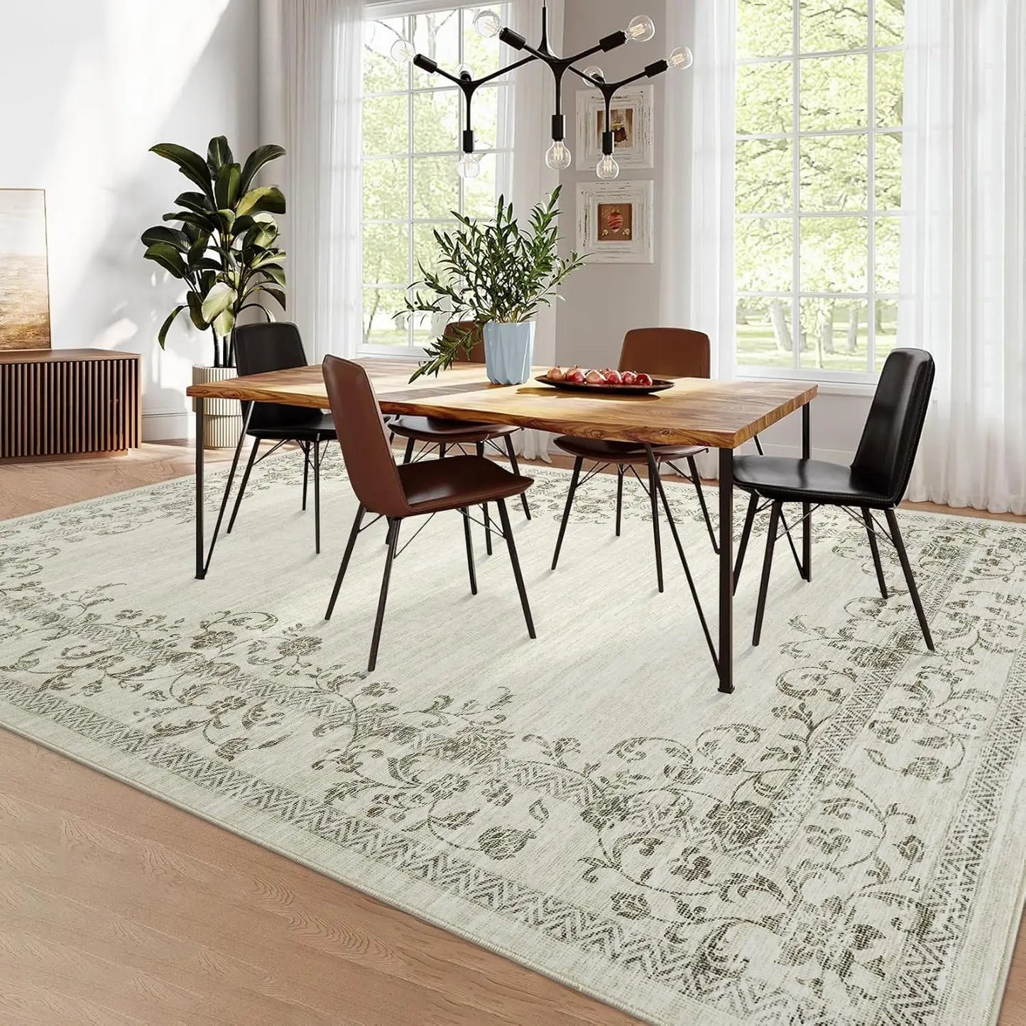 Floral Bordered Large Area Rug