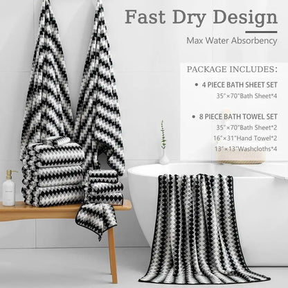 Piece Bathroom Towel Set Black White2 Oversized Large Bath Towels Sheet,2 Hand Towels,4 Washcloths 600GSM Soft Towel Set for Bat
