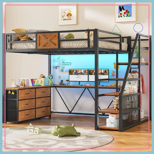 Full Size Loft Bed WDesk Storage Stairs 6 Drawers