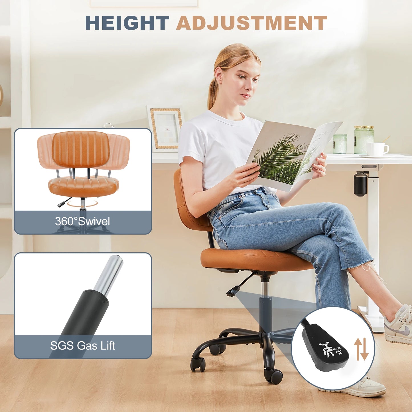 Armless Adjustable Computer Chair With 360° Swivel
