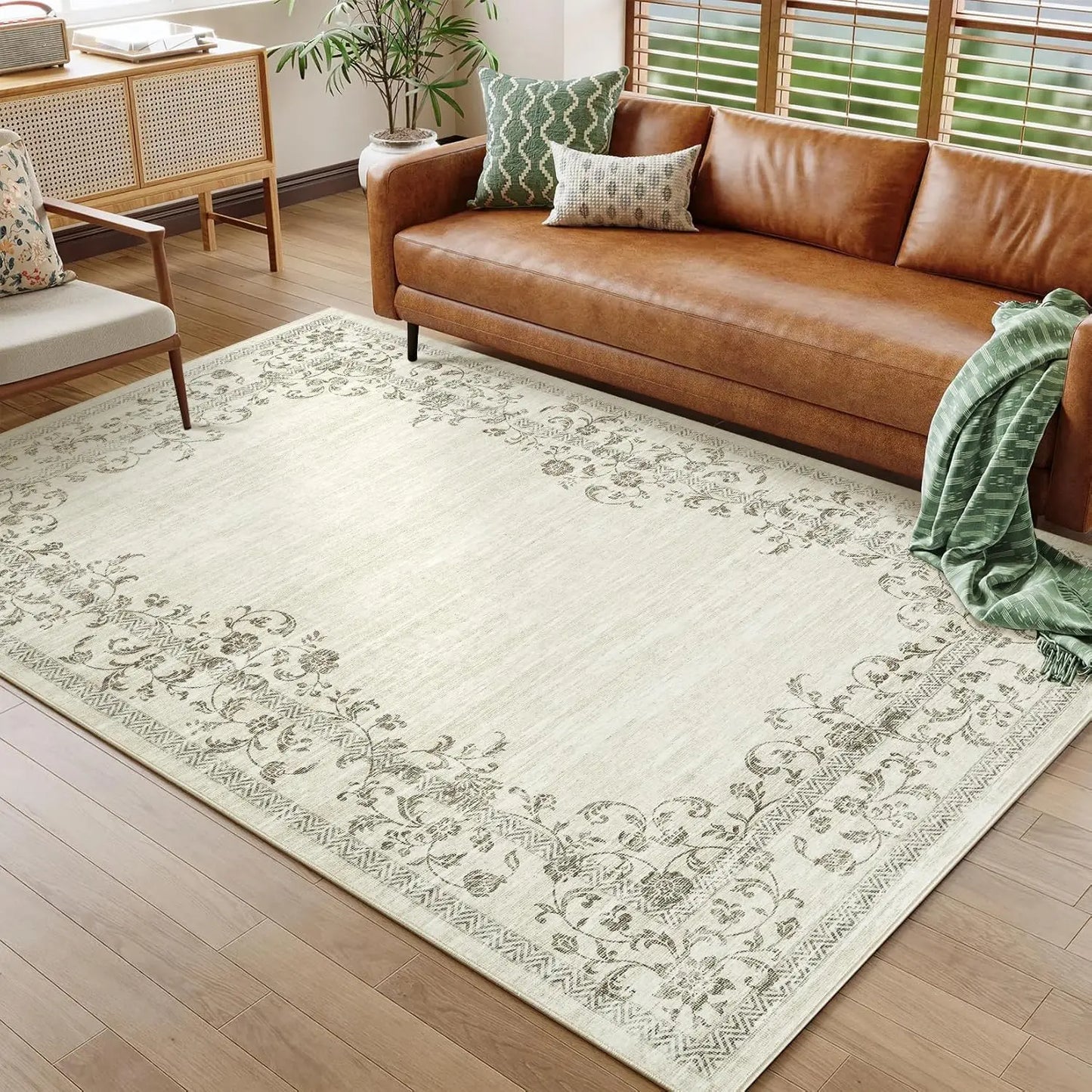 Floral Bordered Large Area Rug