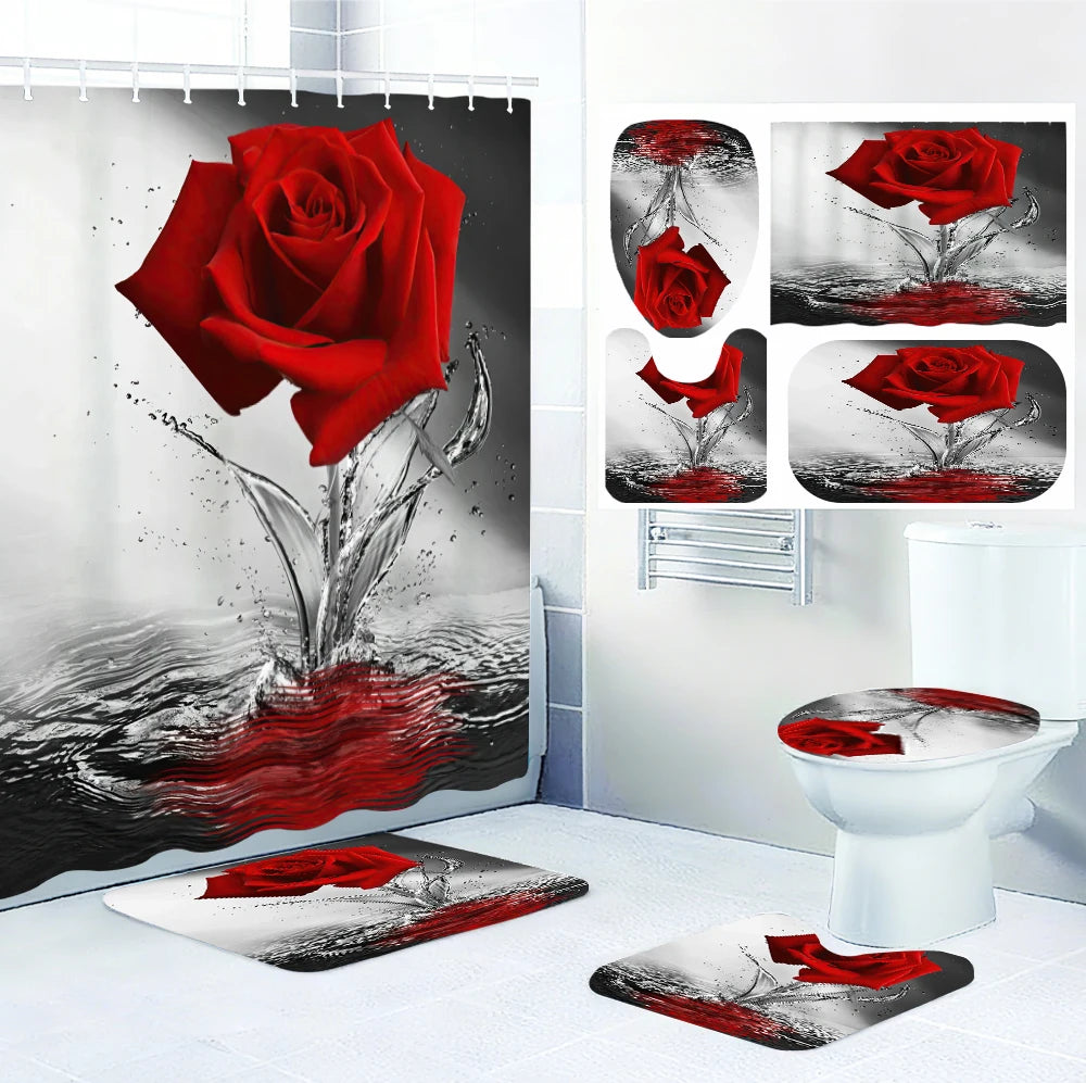 Red Rose Four-piece Shower Curtain Set
