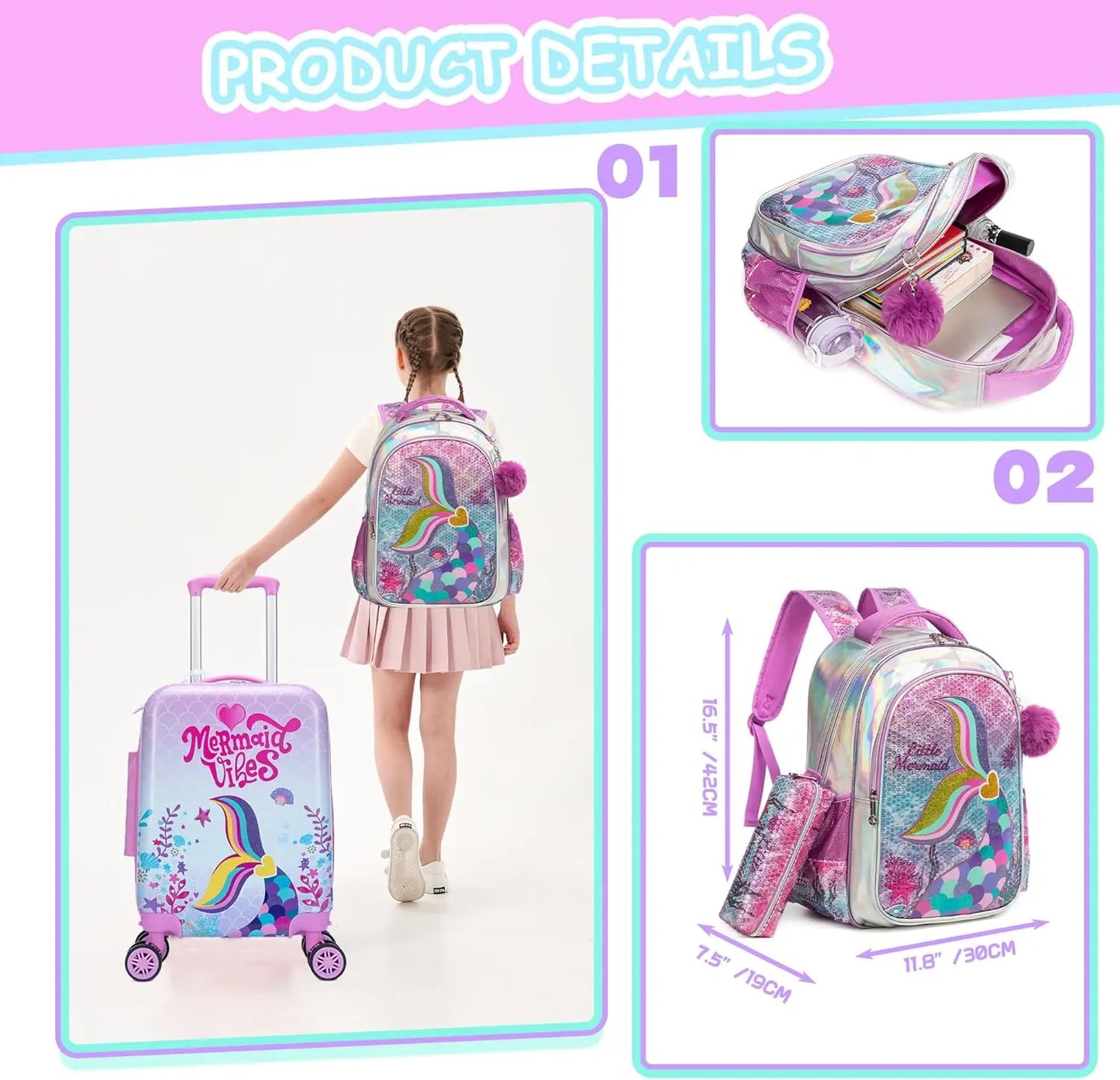 Pink Mermaid Kids Luggage Set