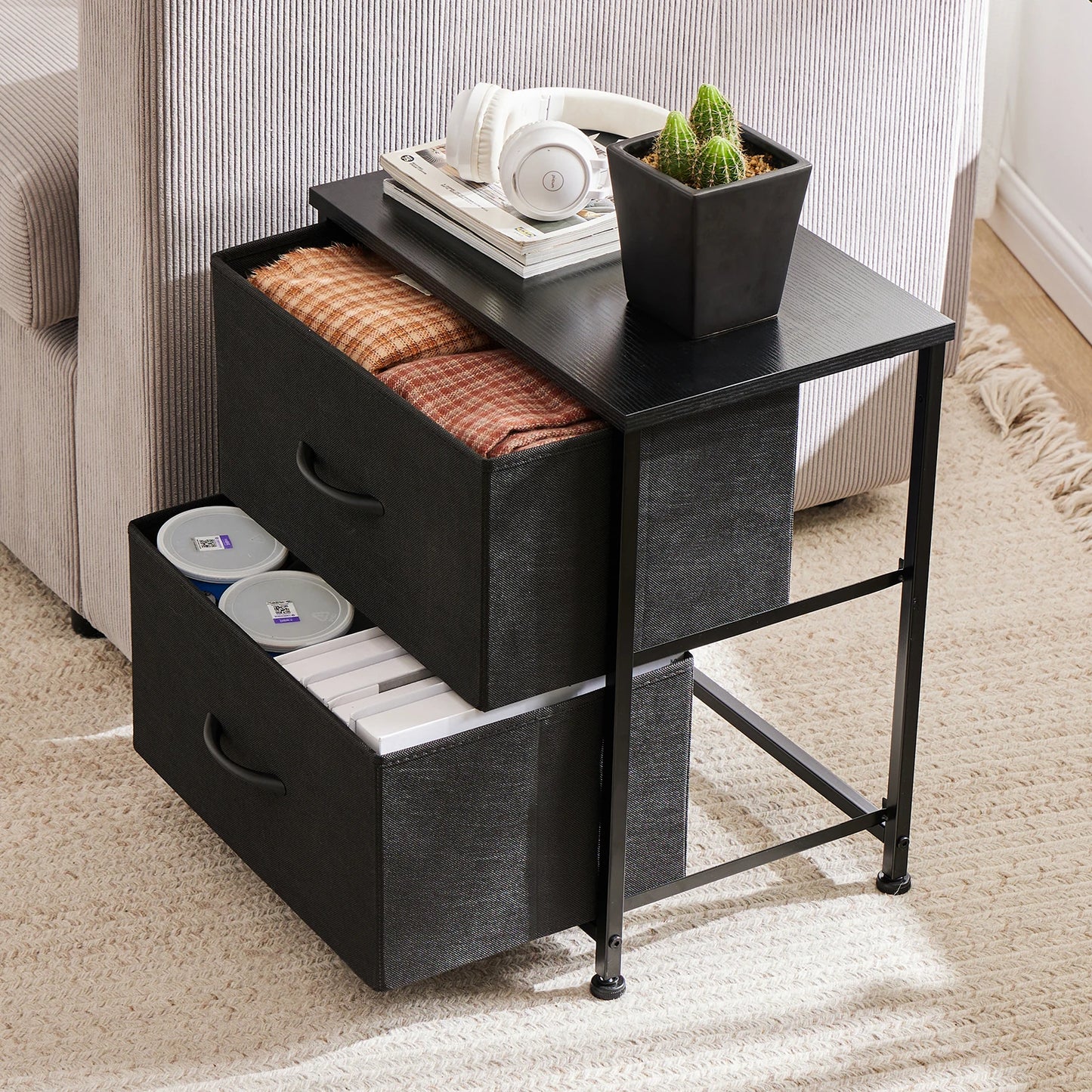 JHK Nightstand 2 Fabric Drawers Cabinet Furniture