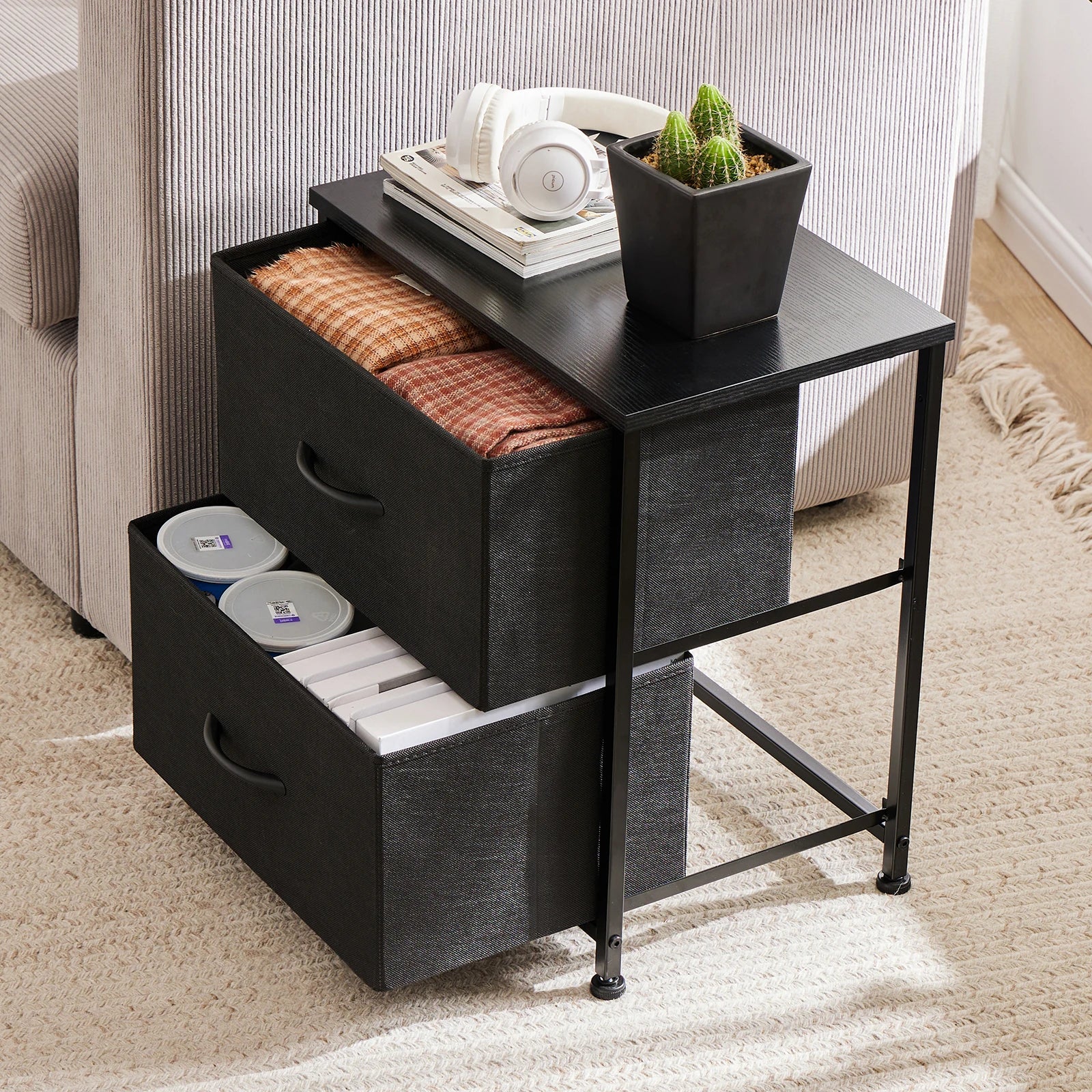 JHK Nightstand 2 Fabric Drawers Cabinet Furniture