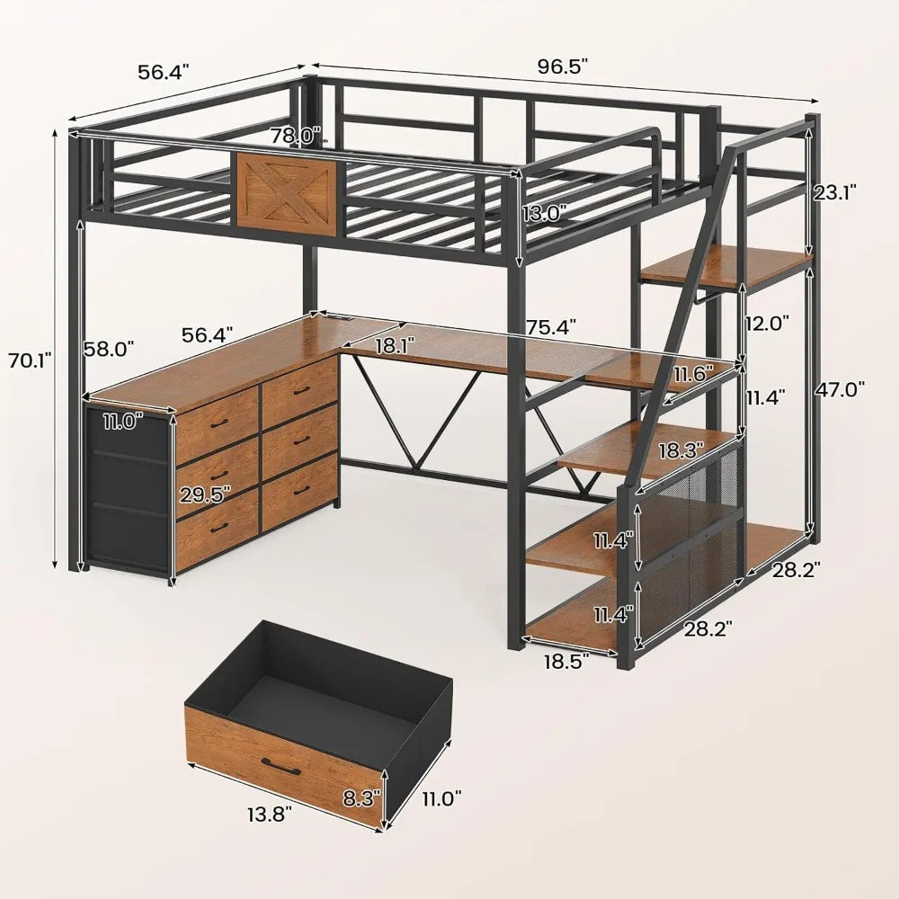 Full Size Loft Bed WDesk Storage Stairs 6 Drawers