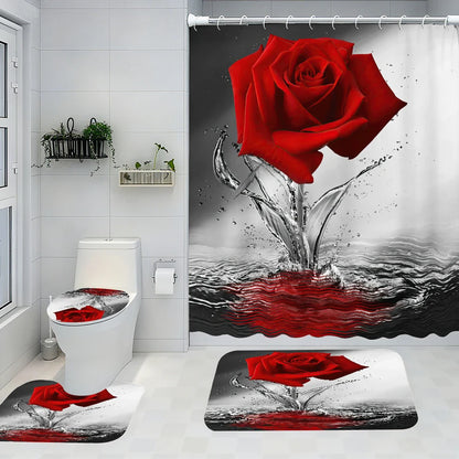Red Rose Four-piece Shower Curtain Set
