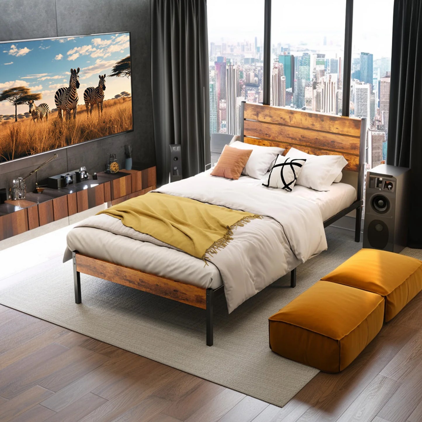 JHK Queen Size Metal Platform Bed Frame