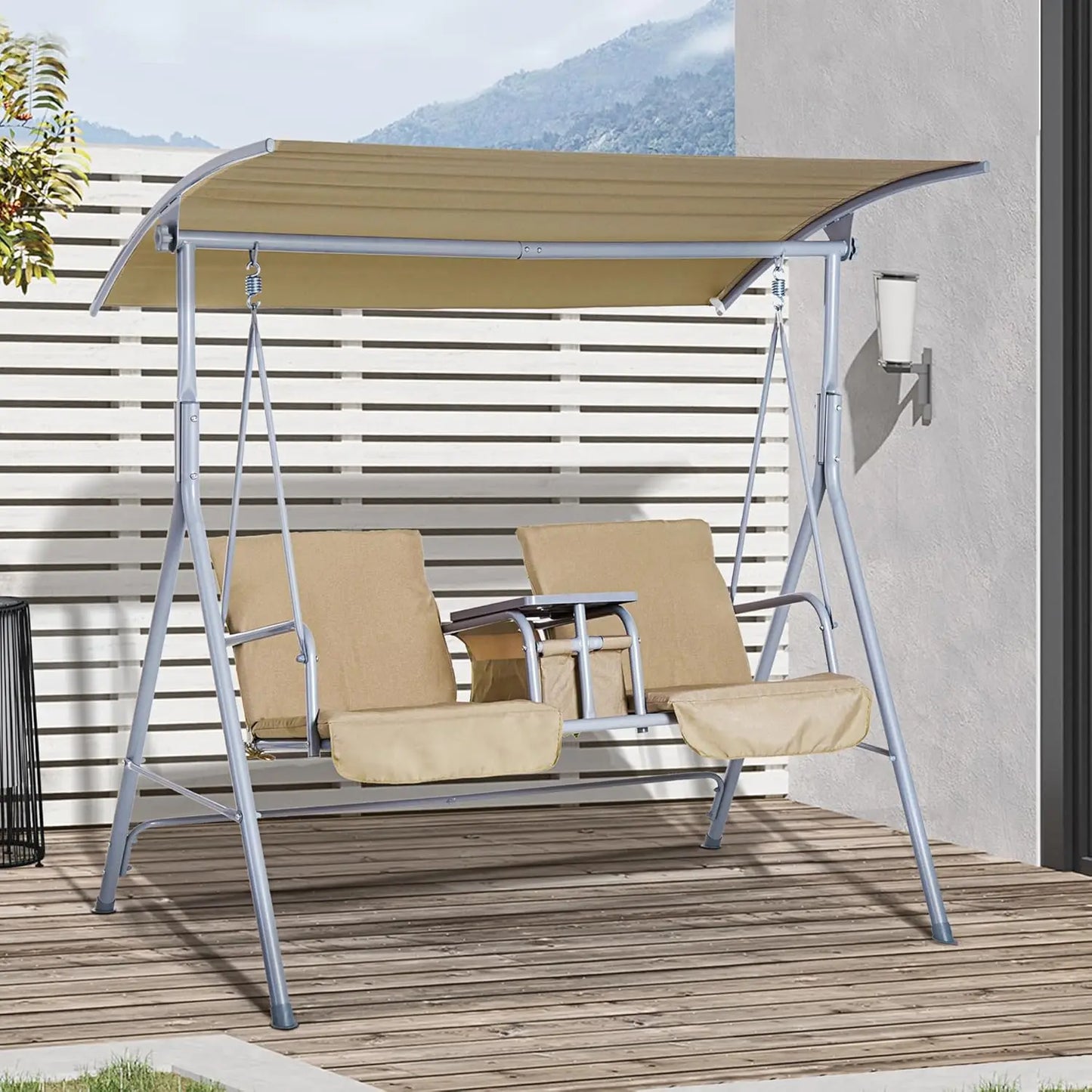 Porch Swing With Canopy Pivot Storage Table