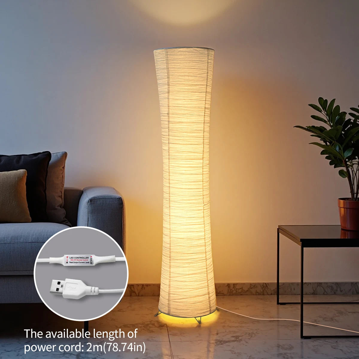 Paper & Chrome-Pleated Standing Lamp W Light Strip