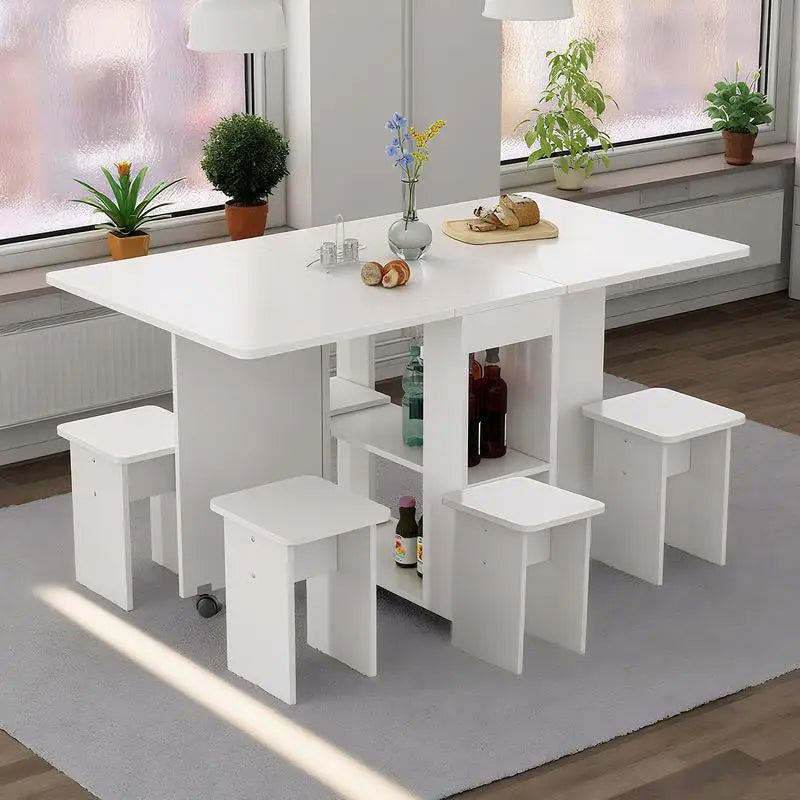 Space Saving Foldable Dining Table W/Storage And Wheels
