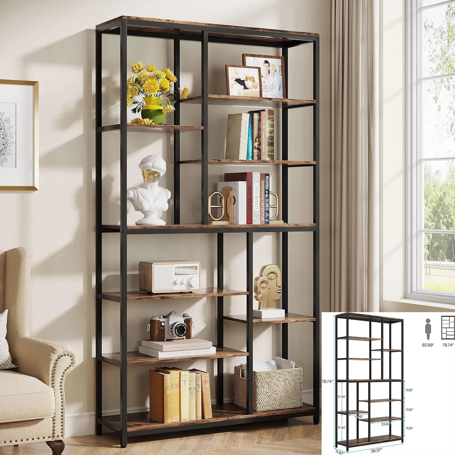 Bookshelf, Industrial 5-Tier Etagere Bookcase