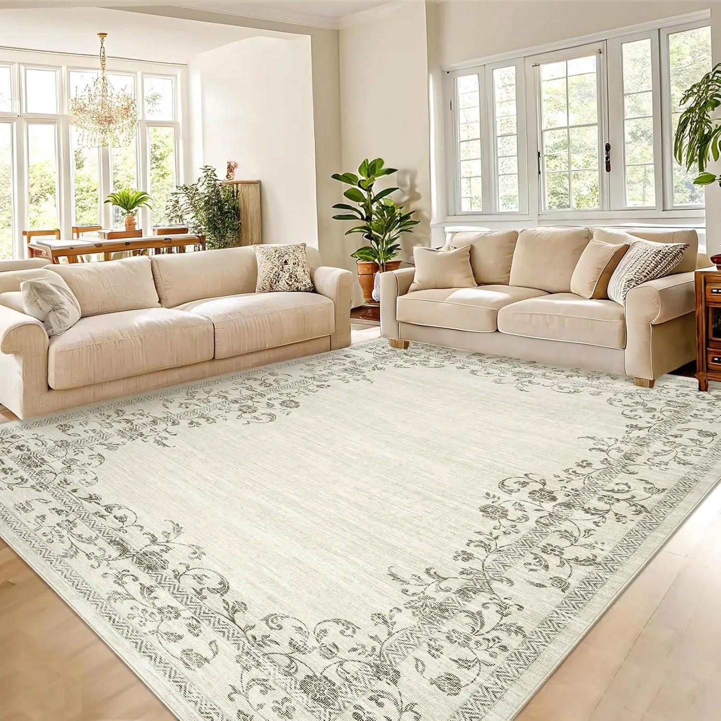 Floral Bordered Large Area Rug