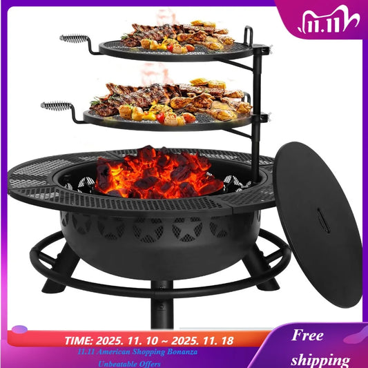 35" Fire Pit With 2 Cooking Grate & Charcoal Pan
