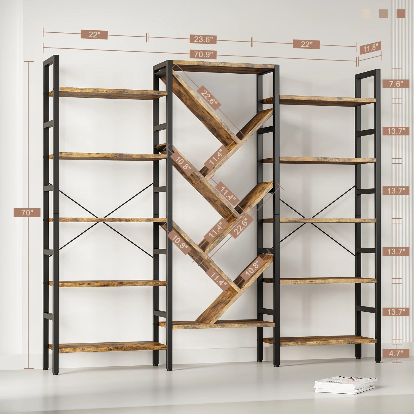 Triple 5 Tier Bookshelf 17 Display Shelves
