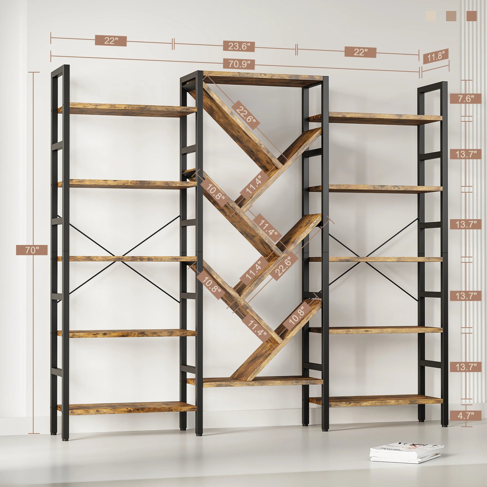 Triple 5 Tier Bookshelf 17 Display Shelves