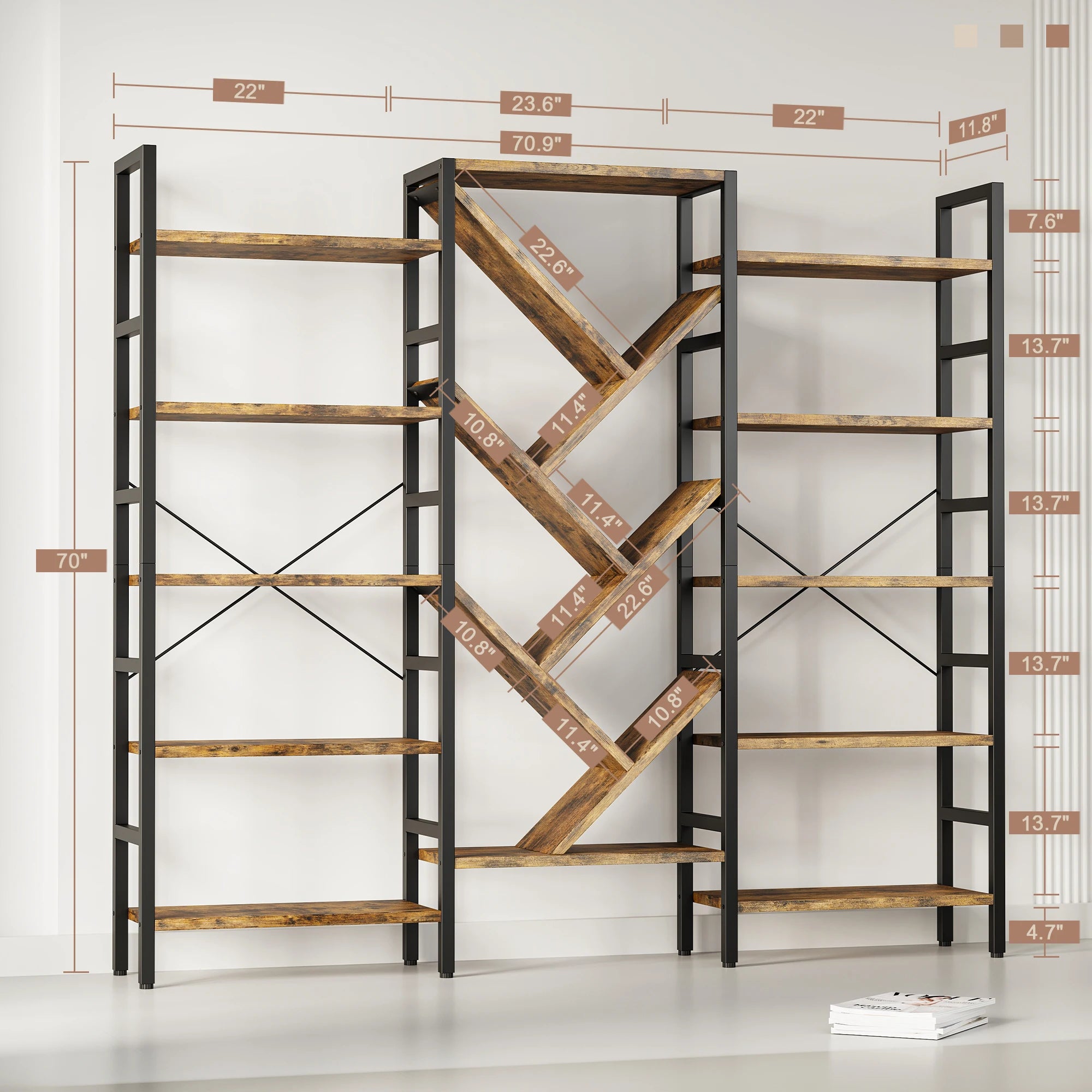 Triple 5 Tier Bookshelf 17 Display Shelves