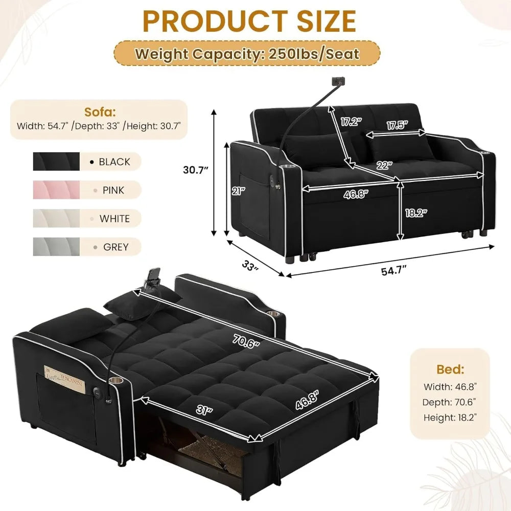 Modern 3-in-1 Convertible Velvet Sleeper Sofa Bed